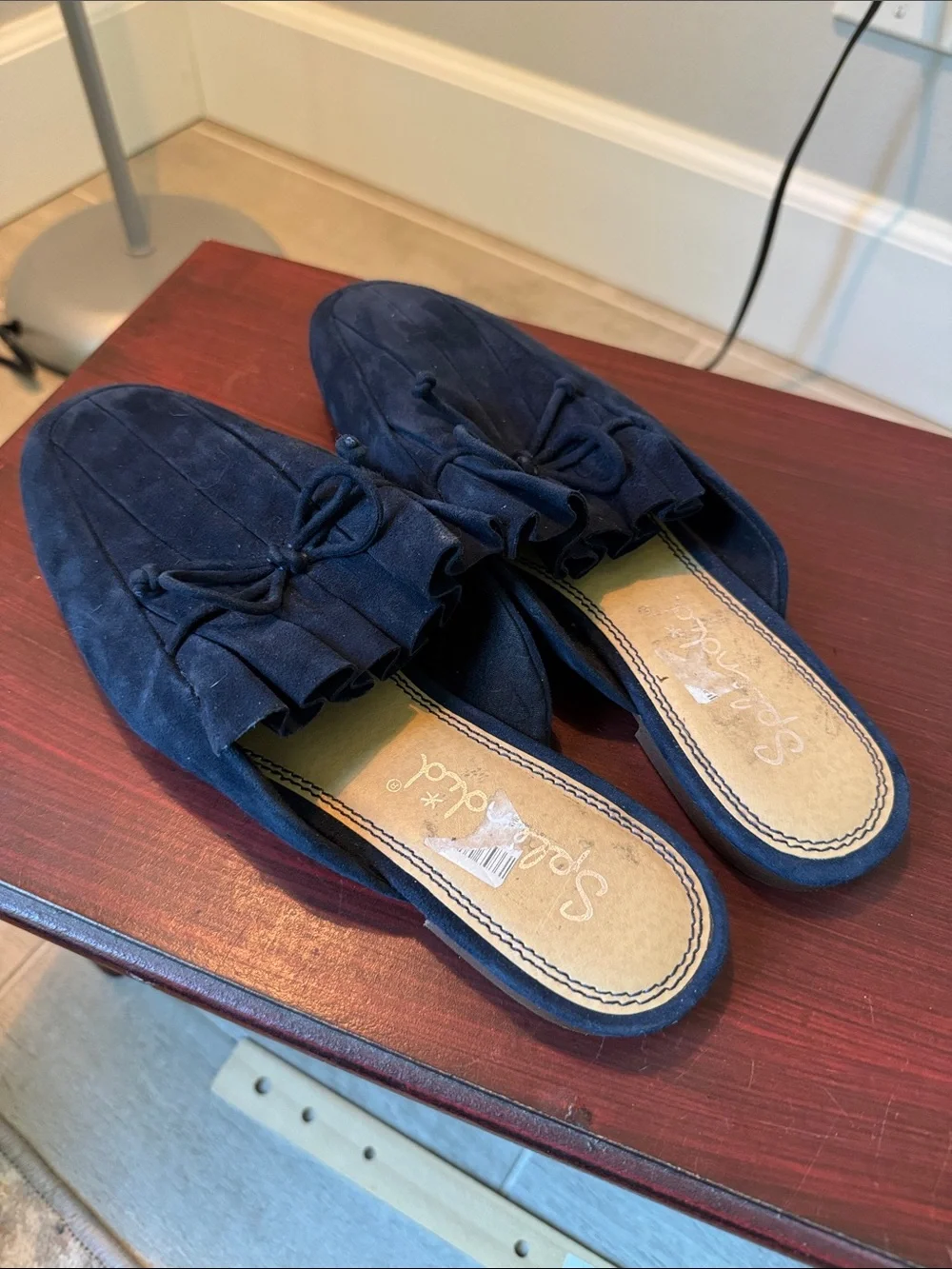Women’s Navy Suede Slip-On Loafers with Bow Detail - Picture 3 of 4
